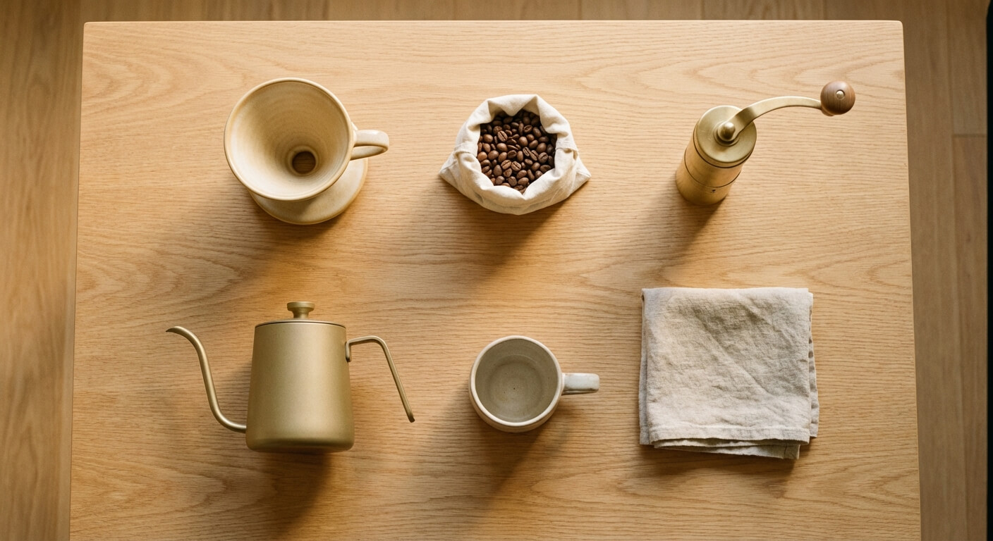 A deconstructed pour-over coffee ritual: grinder, kettle, dripper, beans, cup, and cloth