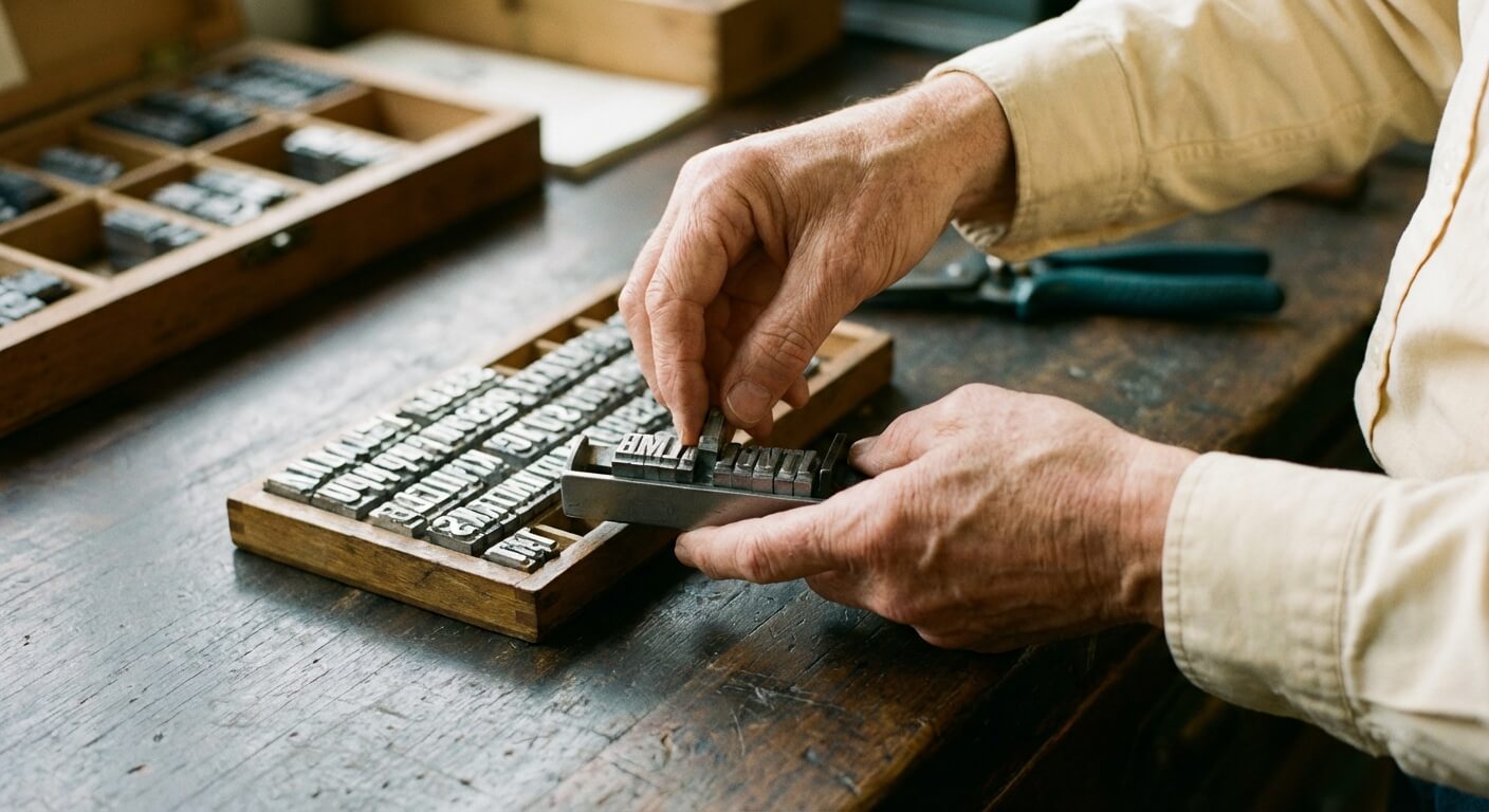 Hands carefully setting metal letterpress type