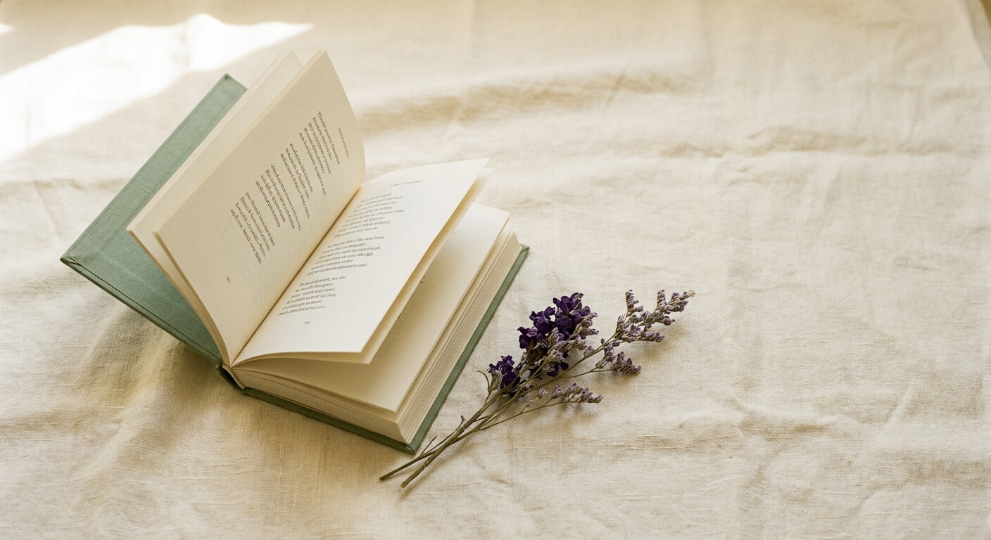 An open book of poetry with dried lavender on linen